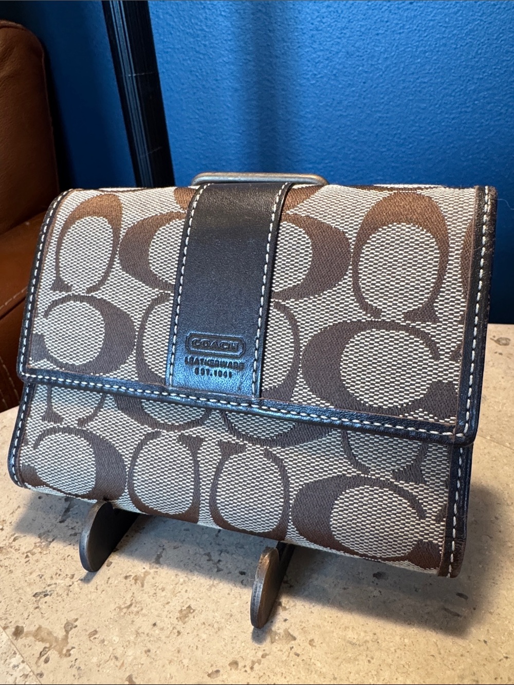 Coach Brown and Cream Signature Fold Wallet